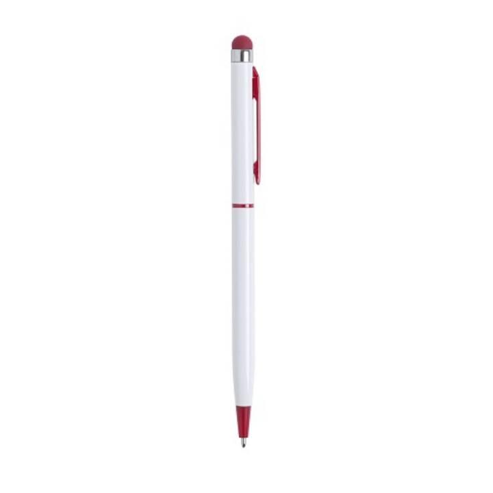 Stylus Pen universal, cu varf de pix si clips, metalic, culoare alb-rosu
