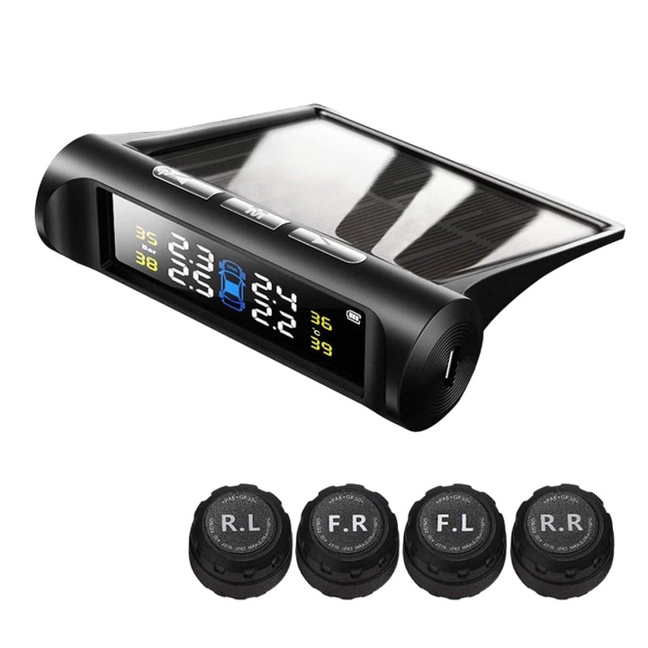 Sistem monitorizare presiune aer anvelope, senzori externi, alarma auditiva, auto OFF, incarcare solara si micro USB, Afisaj LCD, Negru