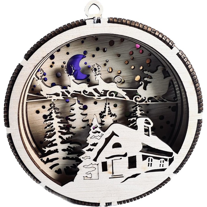 Decoratiune de Craciun sub forma de glob, din lemn, 15cm, cu iluminare led