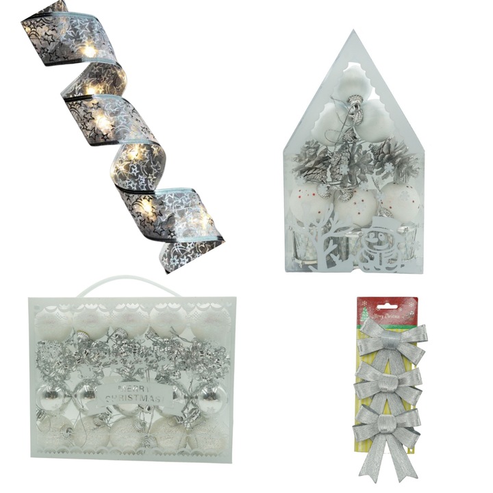 Set de 32 Ornamente de Brad, de Tip Globuri, din Polistiren, cu Finisaj Sclipitor, 2 x Set 3 Fundite, din Poliester, Panglica LED de Craciun, Lungime 5 m, 50 LED-uri, Alb Rece / Argintiu