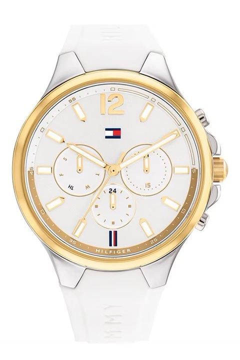 Tommy Hilfiger, Ceas cu functii multiple si curea de silicon, Auriu, Alb optic
