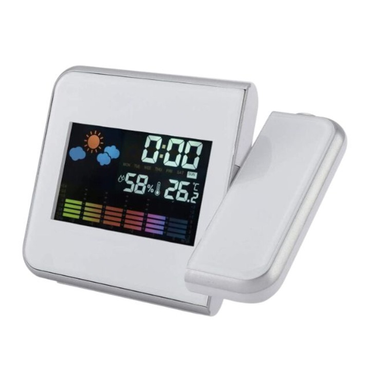 Statie meteo digitala cu ceas, calendar, proiector de tip laser incorporat, display LCD color, culoare alba