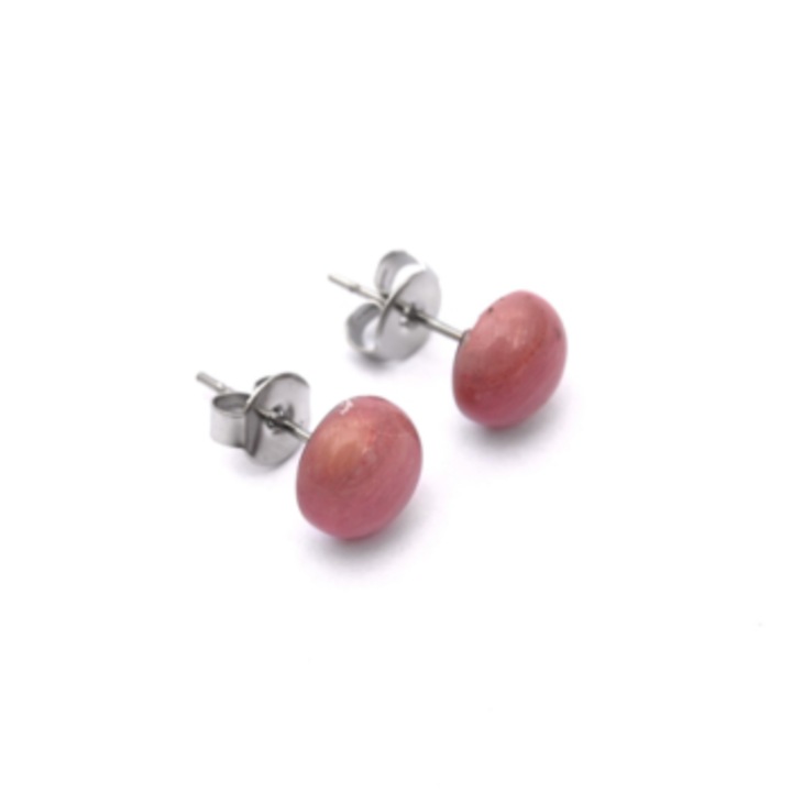 Rodonit ásvány cabochon beszúrós fülbevaló nemesacél szerelékkel, 8 mm, nikkelmentes