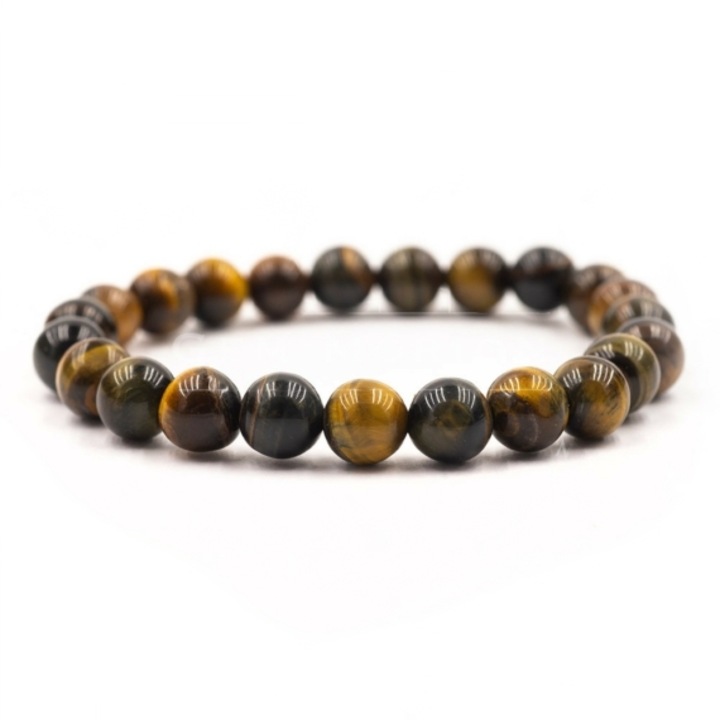 Tigrisszem gumis férfi karkötő, ásvány, barna, 8 mm-es golyók, unisex, kézműves, 19 cm