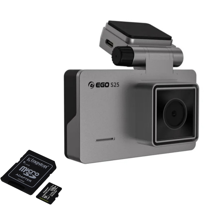Camera auto ultracompacta EGO S25, rezolutie 4K, senzor Sony IMX335, Night Vision, GPS, modul camera spate 1080p, card microSD 128GB, monitorizare 24 ore
