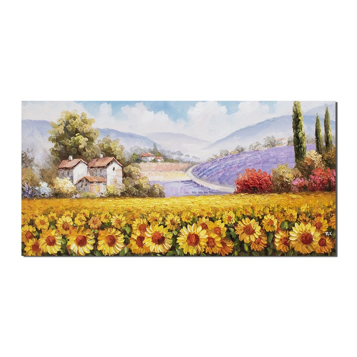 Tablou pictat manual living, dormitor, Colt de rai, peisaj cu floarea soarelui, 120x60cm pictura ulei in cutit ulei pe panza, in relief efect 3D