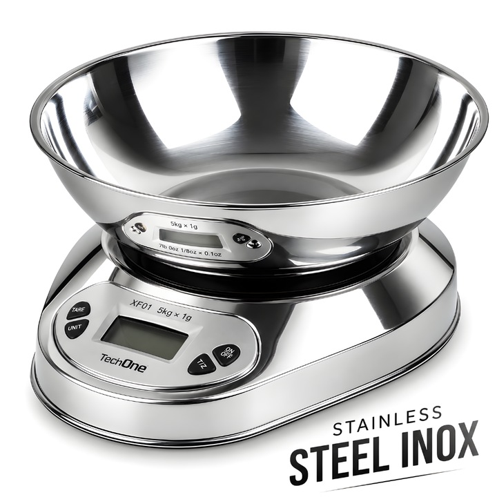 Cantar De Bucatarie Profesional Techone® Kitchen Master, Full Inox, Bol Detasabil Inclus, 5Kg, Precizie 0.1g, Functie Tara, Notificare Peste Greutate, Argintiu