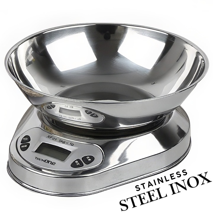 Cantar De Bucatarie Profesional Techone® Kitchen Master, Full Inox, Bol Detasabil Inclus, 5Kg, Precizie 0.1g, Functie Tara, Notificare Peste Greutate, Argintiu
