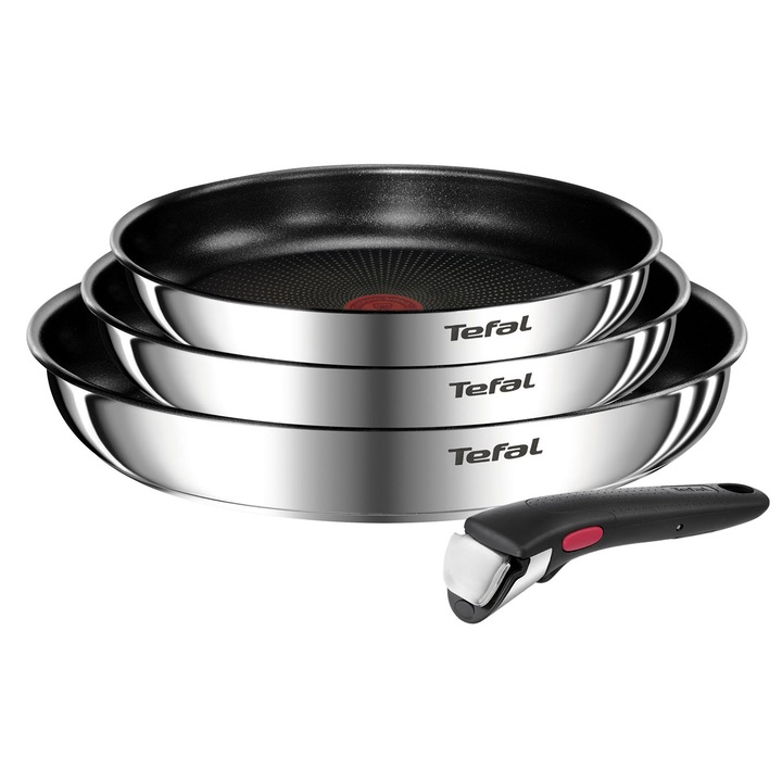 Комплект от 4 части TEFAL Ingenio Emotion, Тиган 22/24/28 см, Подвижна дръжка, Незалепващо покритие, Термо-Сигнал, Индукция, Сребрист