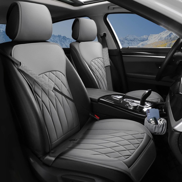 Set 2 Huse Scaune Auto Elindor® Universale, Husa pentru Protectie Sezut si Spatar Scaun Fata, Piele PU, Buzunar Depozitare, Impermeabile, Antialunecare, Accesorii Masina Huse Interior, 50 x 52 cm, Gri