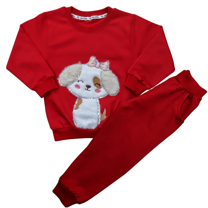 Compleu 2 Piese, Pentru Fete, "Catelus" Bluza Maneca Lunga Si Pantaloni Lungi, Bumbac, Rosu