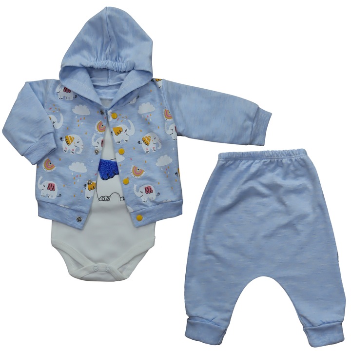 Compleu 3 Piese, Pentru Bebelusi, "Elefantel", Jacheta Cu Gluga, Body Si Pantaloni Lungi, Bumbac, Albastru deschis