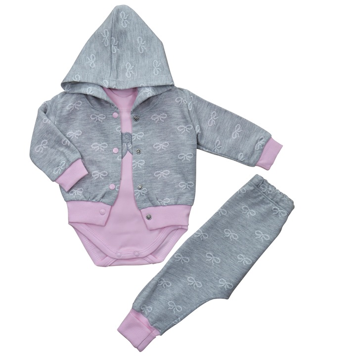 Compleu 3 Piese, Pentru Bebelusi Fetite,"Fundita", Jacheta Cu Gluga, Body Si Pantaloni Lungi, Bumbac, Roz