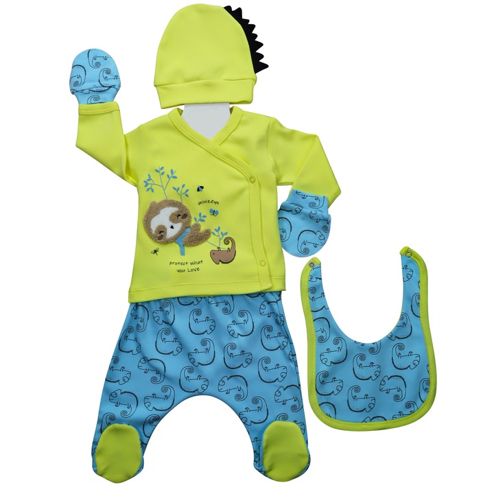 Set Pentru Bebelusi, 5 Piese "Cute", Bluza, Pantaloni, Bavetica, Caciulita Si Manusi Anti-alergic, Bumbac, Galben/Albastru deschis, 62 CM