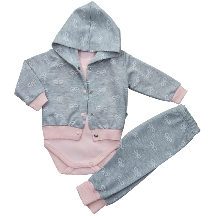 Compleu 3 Piese, Pentru Bebelusi Fetite,"Fundita", Jacheta Cu Gluga, Body Si Pantaloni Lungi, Bumbac, Roz pudrat