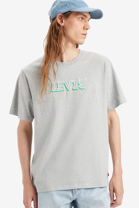 Levi's, Tricou de bumbac cu decolteu la baza gatului si imprimeu logo, Gri deschis melange