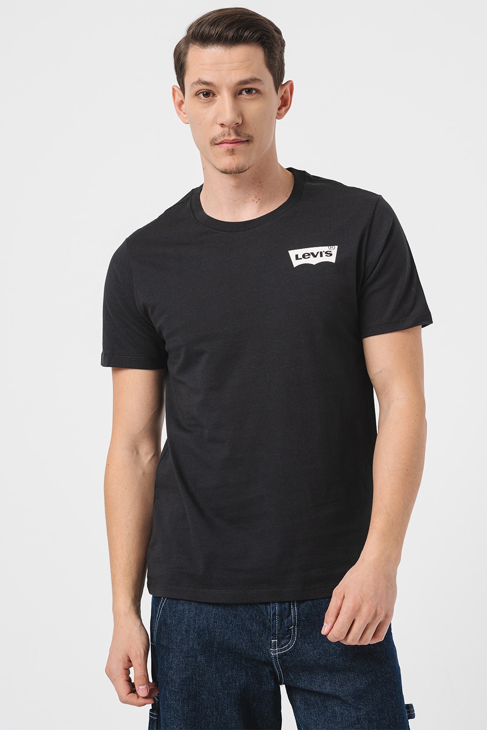 Levi's, Tricou din bumbac cu decolteu la baza gatului si logo, Negru, M