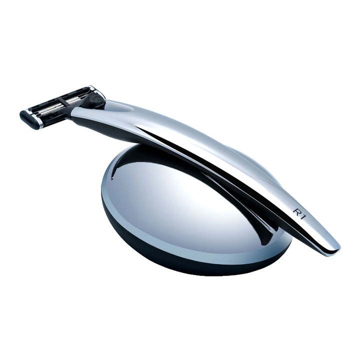 Set aparat de ras Bolin Webb, R1 Chrome, placat cu crom, include suport magnetic, compatibil cu lamele Gillette Mach 3, maner ergonomic, design premium, barbierit neted, ideal si pentru piele sensibila, include o rezerva, cutie eleganta, crom