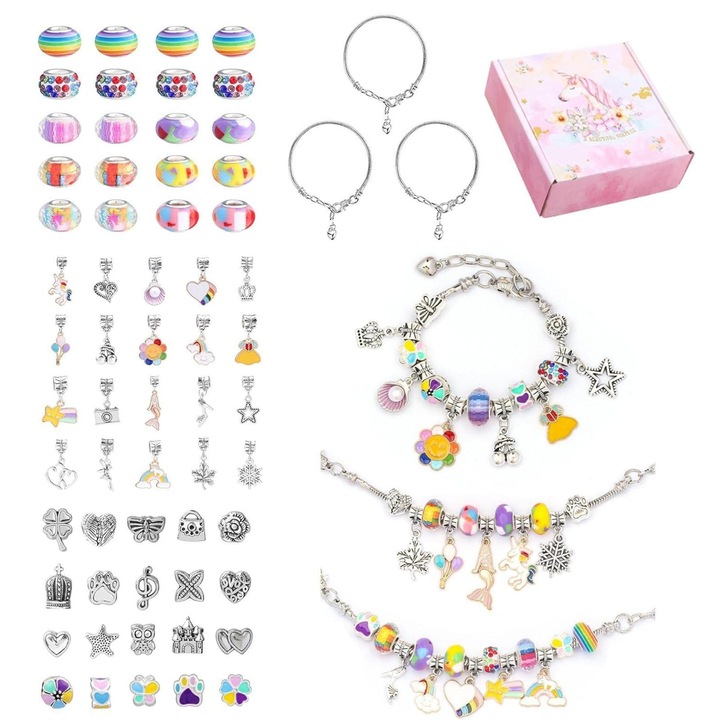 Kit bratari handmade, bratari unice si personalizate, 60 de margele si pandantive de culori diferite, activitate placuta si relaxanta, stimuleaza creativitatea si imbunatateste abilitatile motorii - FUNBRACE