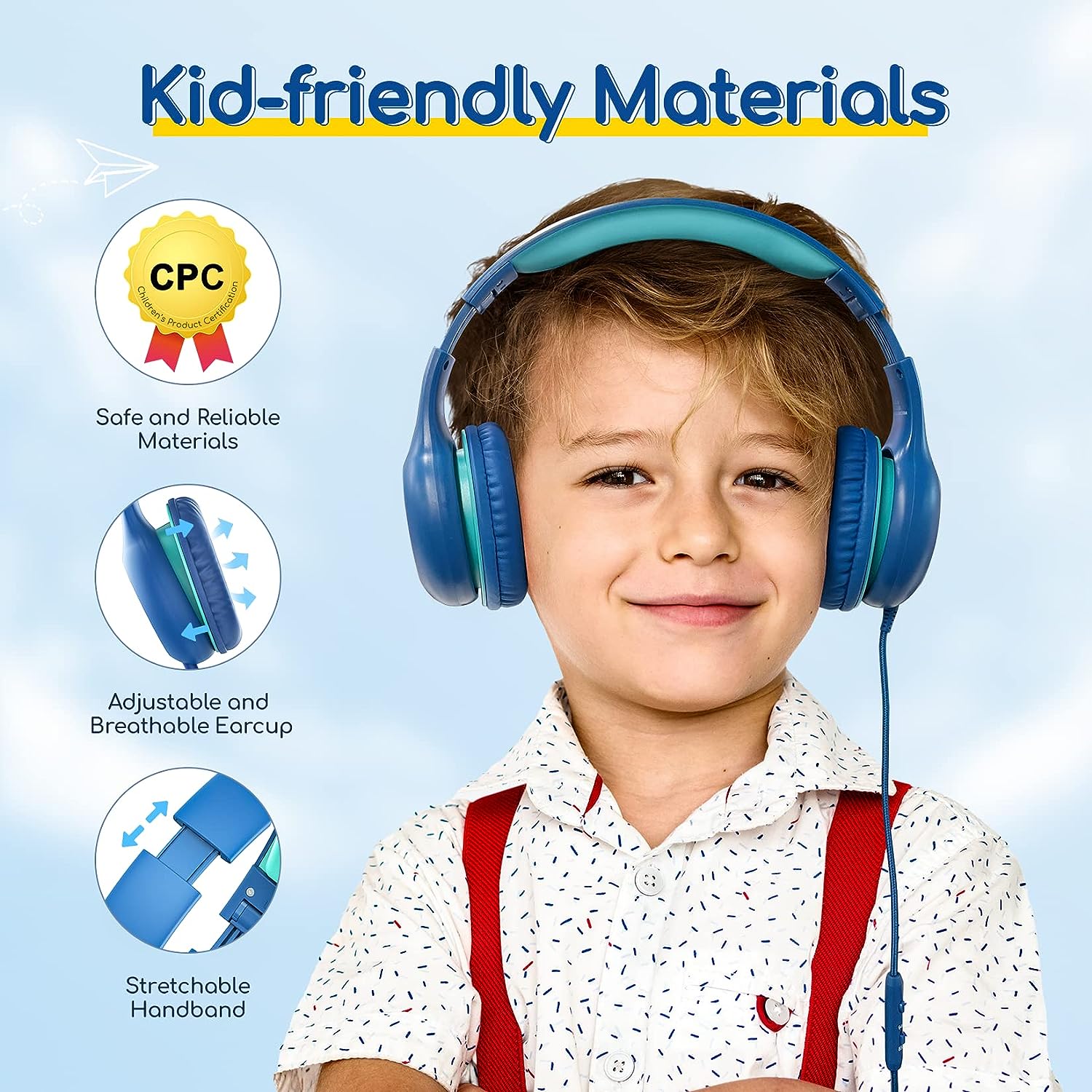 Casti pentru copii, EARFUN, pliabile, usor de transportat, cu microfon, albastre