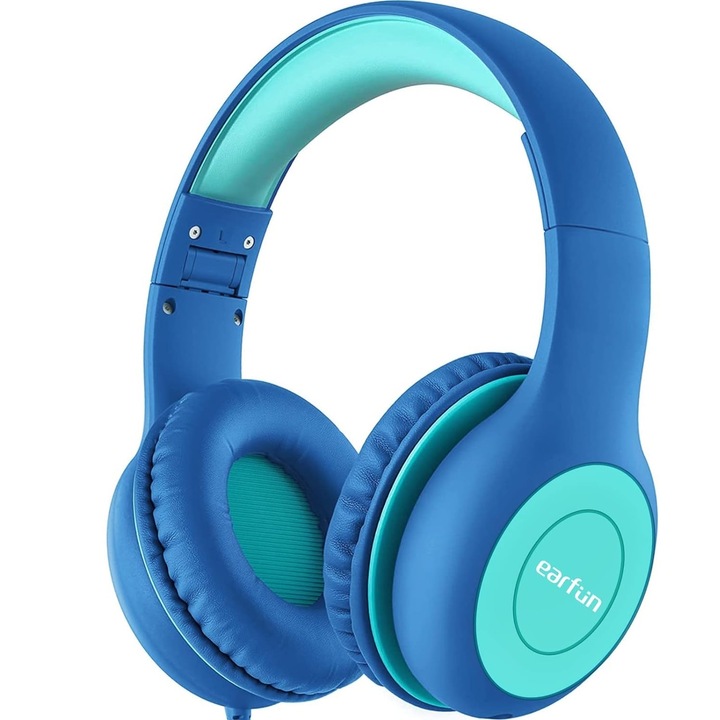 Casti pentru copii, EARFUN, pliabile, usor de transportat, cu microfon, albastre