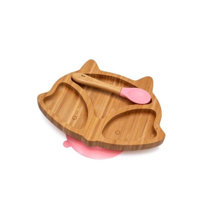 Farfurie diversificare din bambus, certificata CE pentru bebelusi si copii, cu lingurita si ventuza anti-alunecare din silicon alimentar, Vulpe, Roz