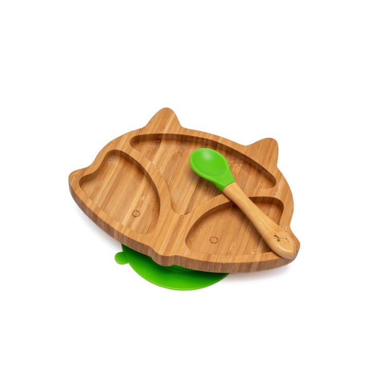 Farfurie diversificare din bambus, certificata CE pentru bebelusi si copii, cu lingurita si ventuza anti-alunecare din silicon alimentar, Vulpe, Verde