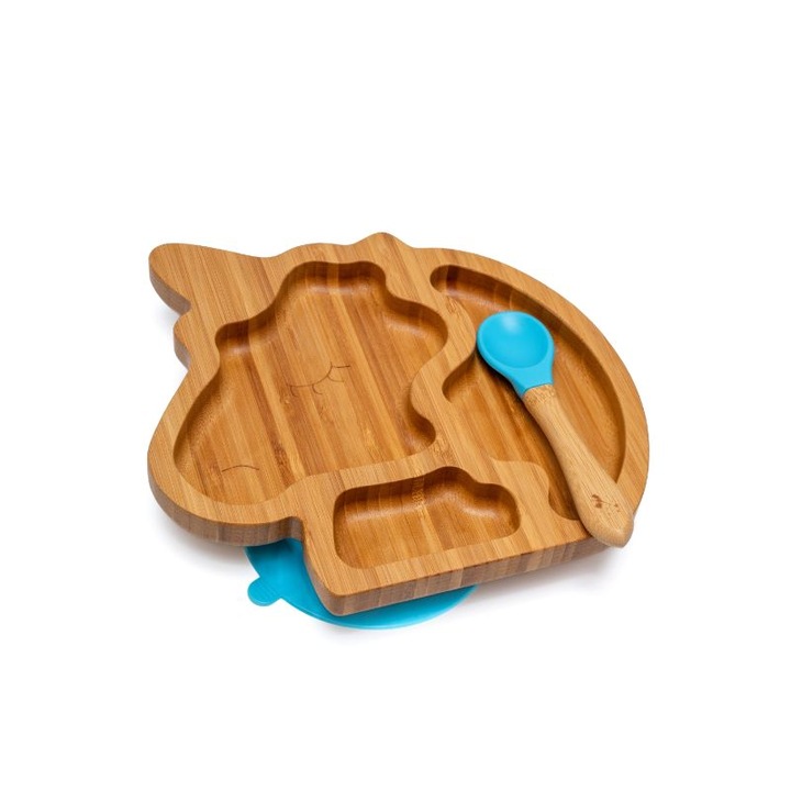 Farfurie diversificare din bambus, certificata CE pentru bebelusi si copii, cu lingurita si ventuza anti-alunecare din silicon alimentar, Unicorn, Albastru