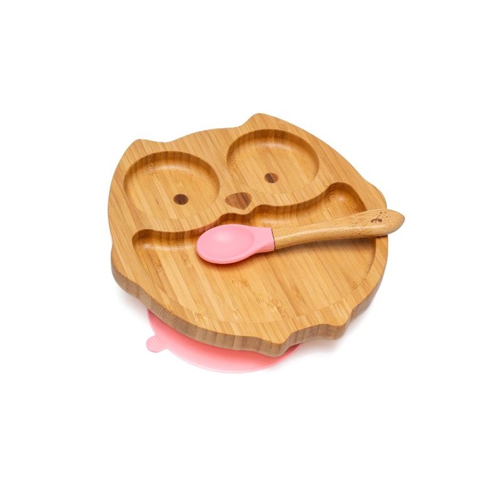 Farfurie diversificare din bambus, certificata CE pentru bebelusi si copii, cu lingurita si ventuza anti-alunecare din silicon alimentar, Bufnita, Roz