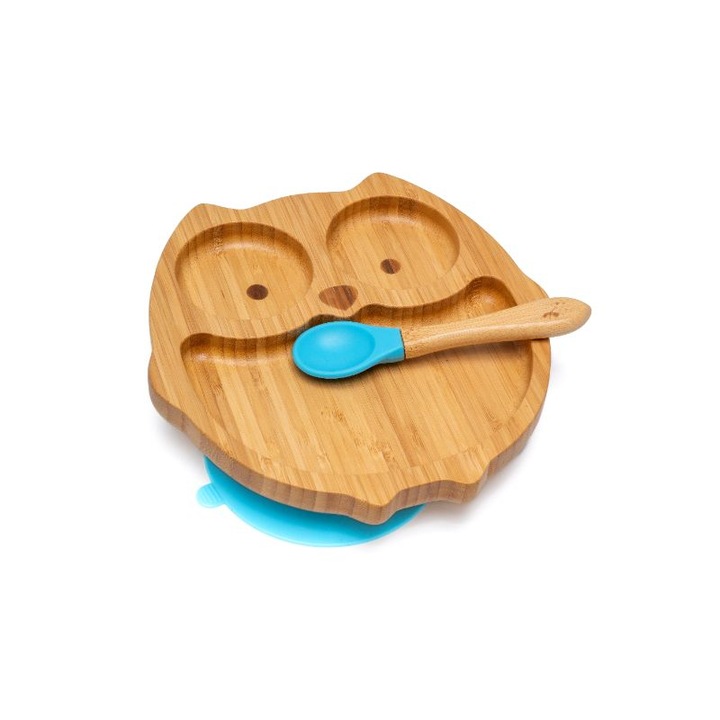 Farfurie diversificare din bambus, certificata CE pentru bebelusi si copii, cu lingurita si ventuza anti-alunecare din silicon alimentar, Bufnita, Albastru