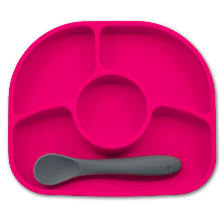 Set de hranire, Bbluv, Yumi, Farfurie compartimentata si lingurita, Cu 4 compartimente, Fara BPA, Pink