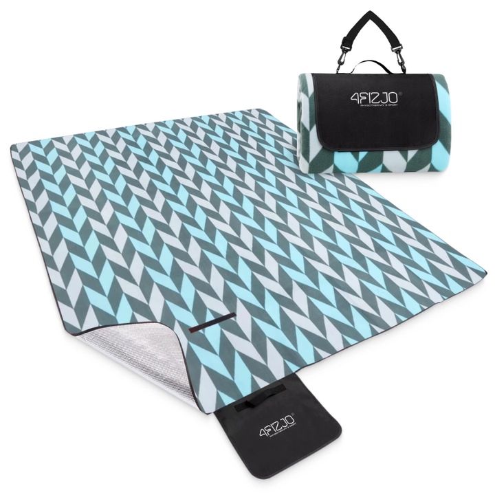 Patura pentru picnic, 4FIZJO cu folie izolatoare si maner, impermeabila, pliabila, Lana/PVC, 200 X 200cm, Multicolor, Alb/Verde