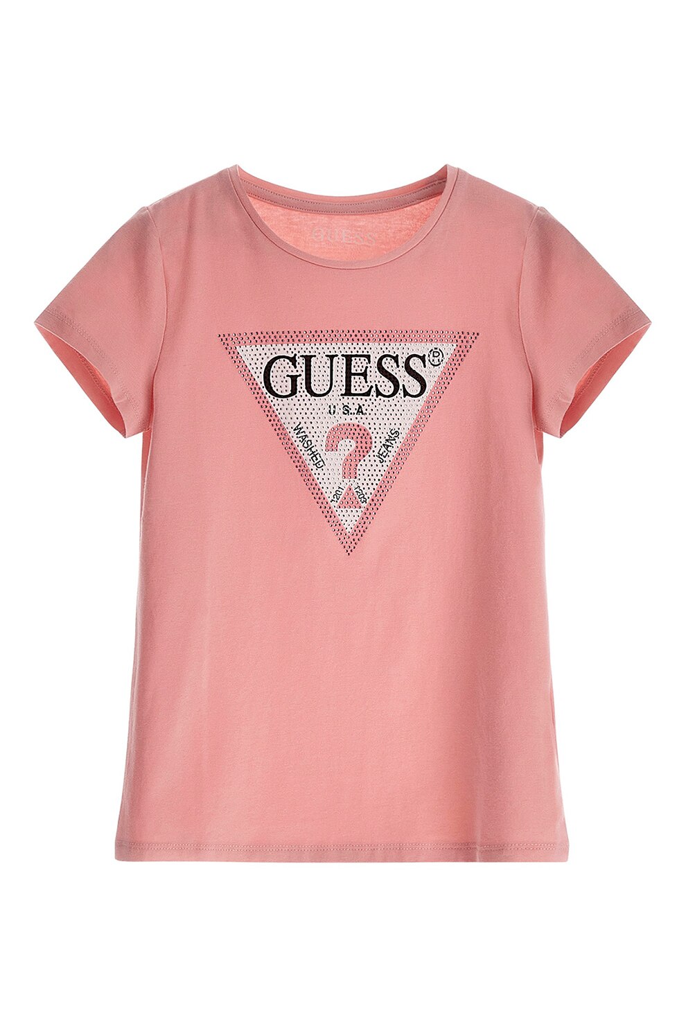 GUESS KIDS, Tricou cu imprimeu logo si strasuri, Alb, Roz somon, Argintiu, 146-152 CM
