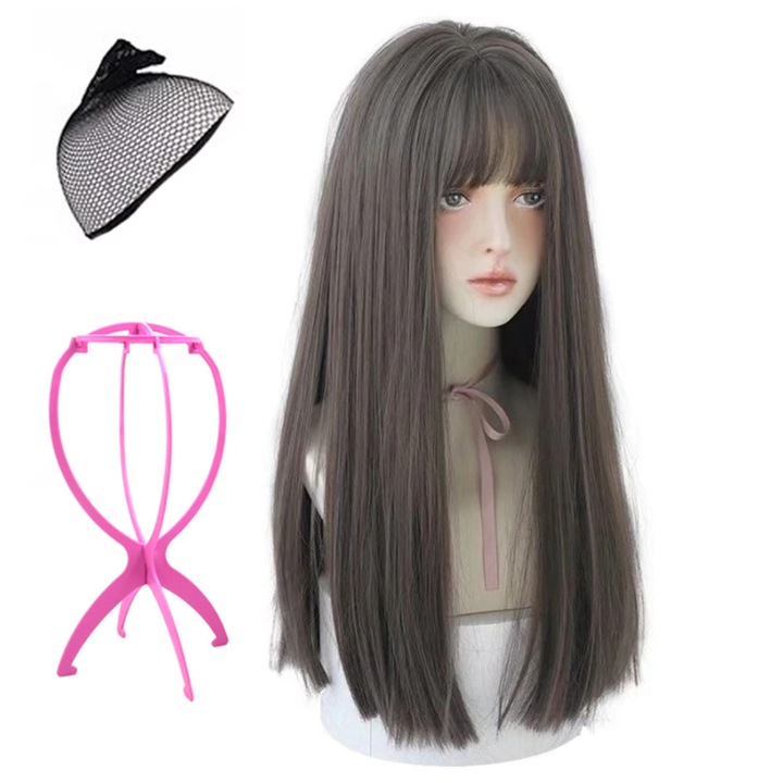 Peruca dama, Par sintetic, Rezistenta la caldura, Cu accesorii, 54cm, Maro