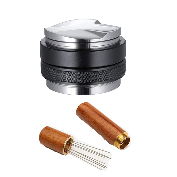 Set tamper/accesoriu amestecare cafea, Otel inoxidabil/Aluminiu, Negru/Maro