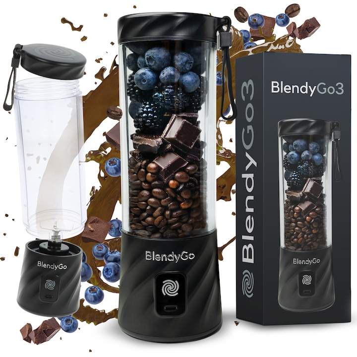 Мини електрически блендер, преносим, BlendyGo3™, безжично зареждане, компактен, 550 ml, 6 3D остриета, мултифункционален, висока автономност, акумулаторна батерия, черен