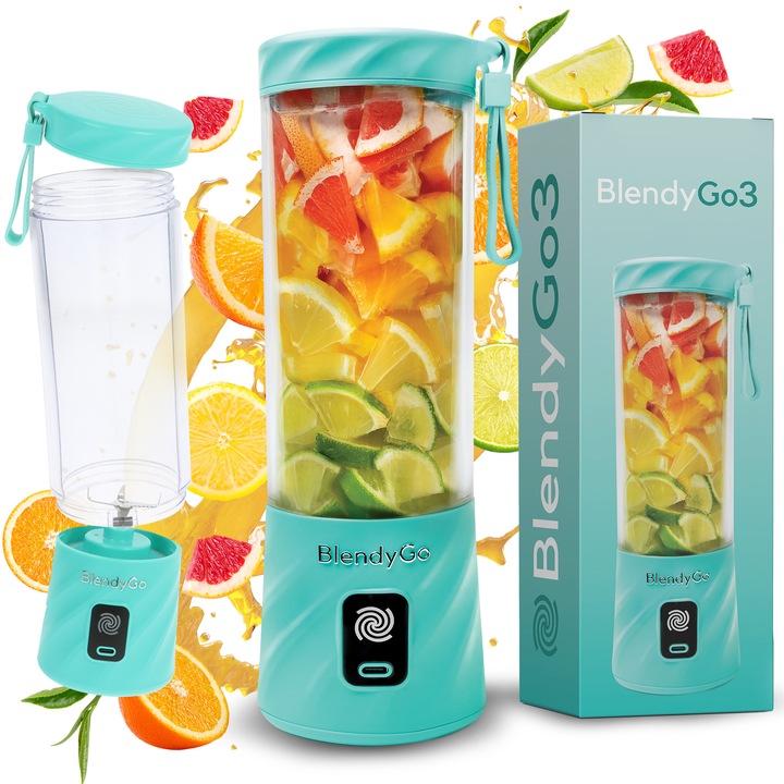 Mini elektromos turmixgép, hordozható, BlendyGo3, vezeték nélküli töltés, kompakt, 550 ml, 6 3D penge, többfunkciós, nagy autonómia, újratölthető akkumulátor, kék