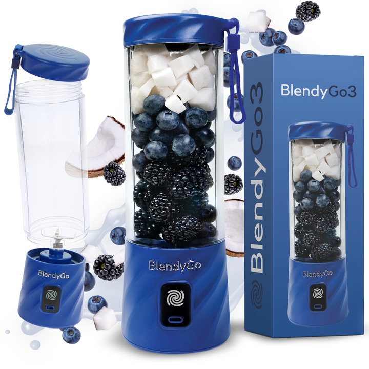 Мини електрически блендер, преносим, BlendyGo3™, безжично зареждане, компактен, 550 ml, 6 3D остриета, мултифункционален, висока автономност, акумулаторна батерия, син
