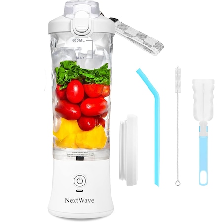 Mini Blender Electric Portabil NextWave™, Multifunctional, Auto-curatare, Autonomie Mare, Recipient detasabil cu capac, Baterie reincarcabila 4000mAh, 240W, 600 ml, alb