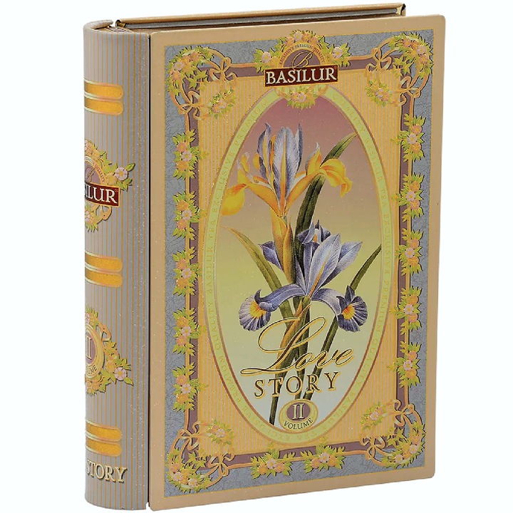 Ceai negru/verde pur ceylon Love Story vol. 2, cu flori de amaranth, trandafir si migdale, carte metalica, 100g, Basilur Tea