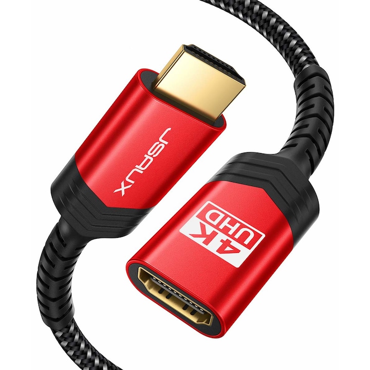 Adapterkábel, Jsaux, HDMI 2.0 dugó – HDMI 2.0 anya, 4K @ 60Hz 2K @ 144Hz, 18 GBps, aranyozott, 1 m, piros