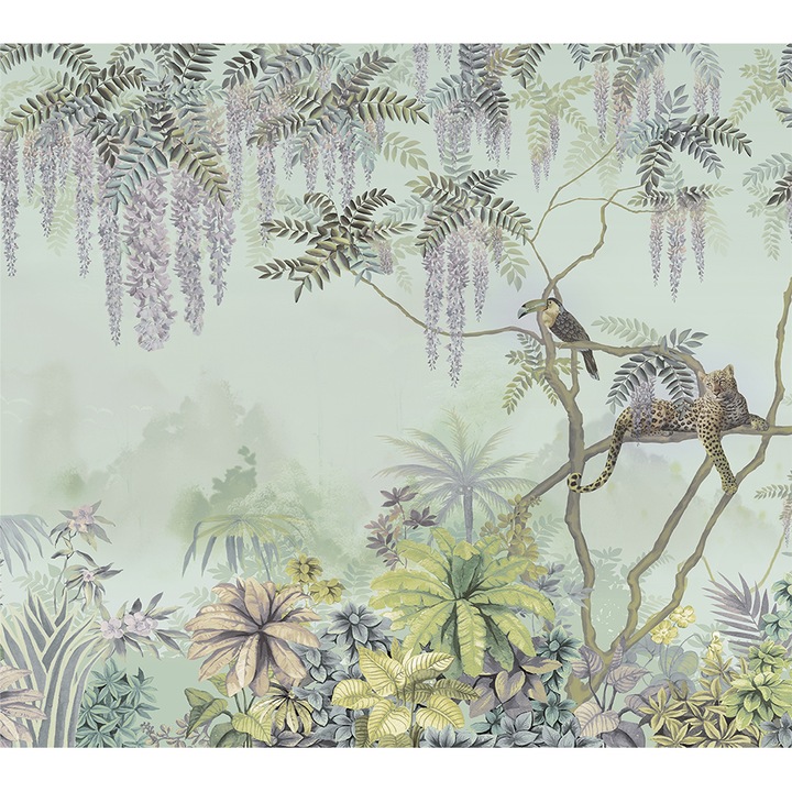 Fototapet fara imbinari H 250 cm x L 400 cm Jungla Flori Jaguar Tropical