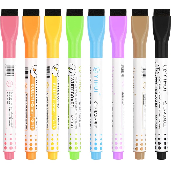 Комплект маркери за бяла дъска, NUODWELL, Магнитен дизайн, нетоксичен и без мирис, влакнест връх, гладко писане, лесно изтриваемо писане, подходящ за използване върху бели дъски, многоцветен