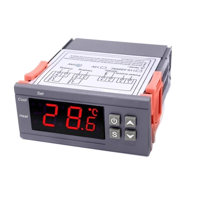 Termostat, Arceli, 8.5 x 7.5 cm, display digital, 12V, 2 stagii, Celsius si Fahrenheit