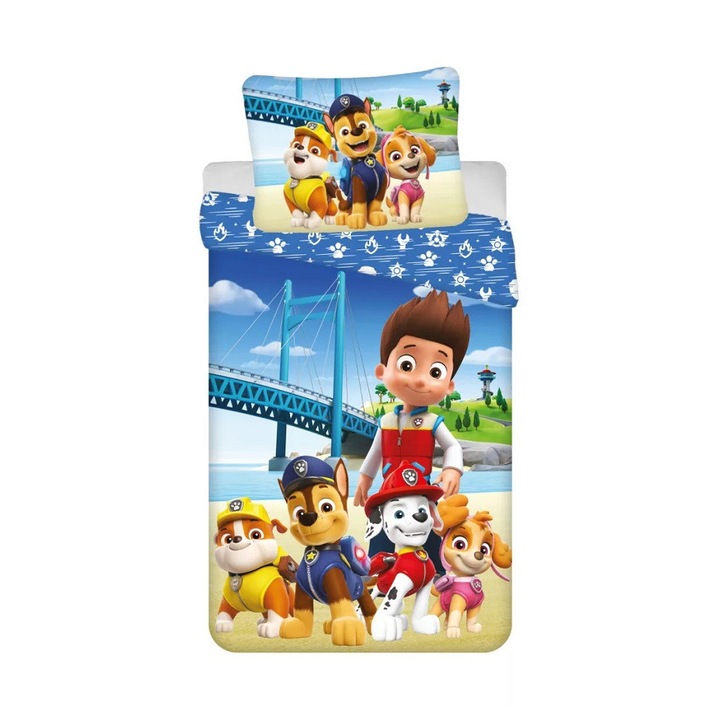 Lenjerie de pat, 2 piese, Jerry Fabrics, Model Paw Patrol, 140 x 200 cm, 70 x 90 cm, 100% bumbac Multicolor