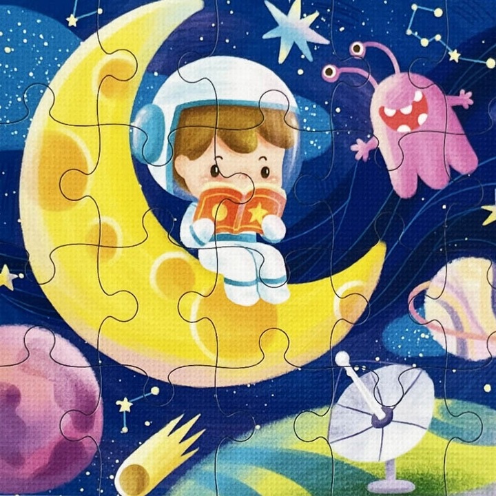 Puzzle educational Habarri, Cosmos, set 6 planse cu planete, aventura spatiala, culori profunde, dezvolta imaginatia, joaca interactiva, varsta 4+, seria prescolar