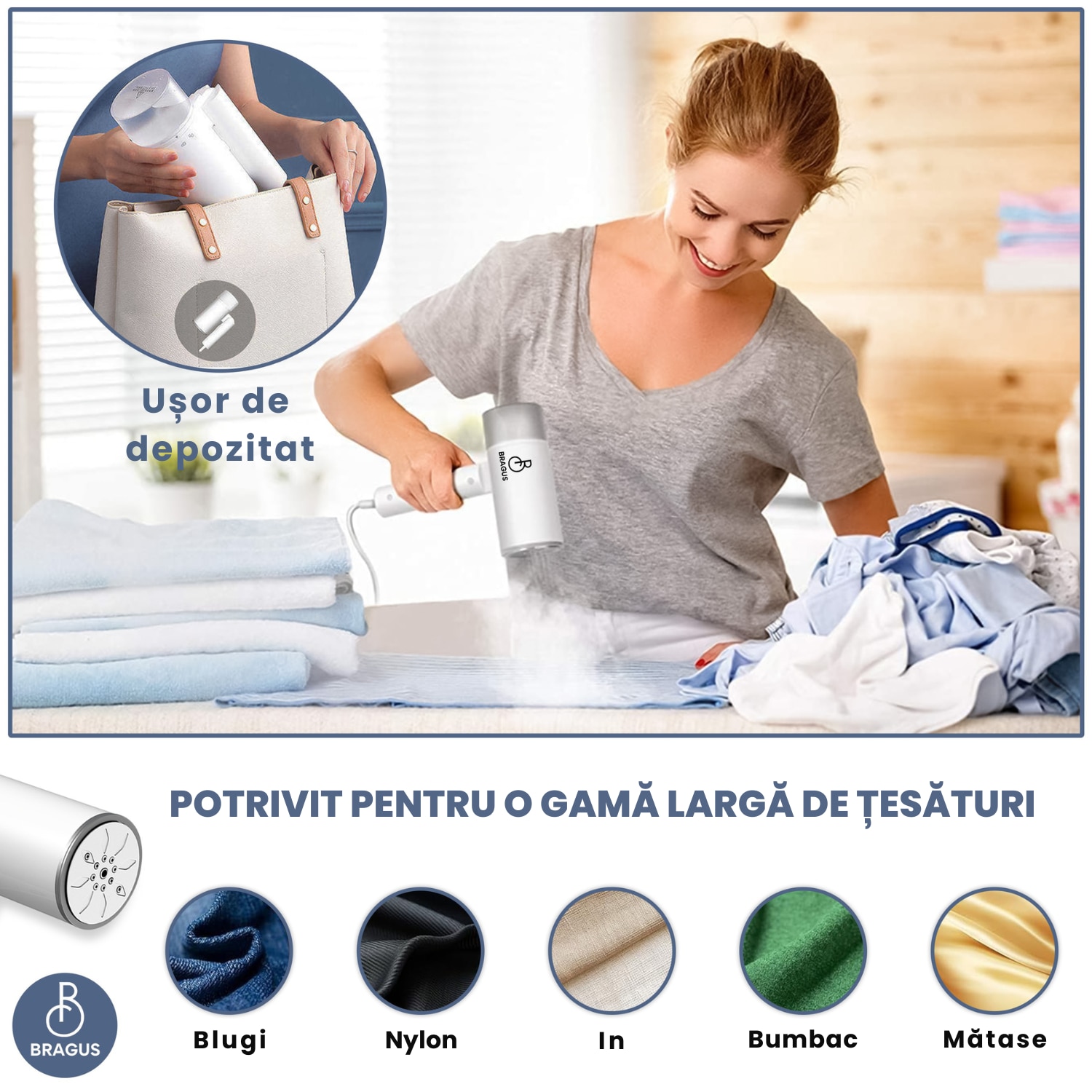 Aparat de Calcat Vertical cu Aburi, BRAGUS, Putere 1200W, Fier de Calcat Portabil, Compact si Pliabil, Calcare Orizontala si Verticala, Rezervor Detasabil 200ml, Suport de Perete Inclus, Incalzire Rapida in 20s, Tehnologie Anti-Scurgere, Abur 60g/min, Alb