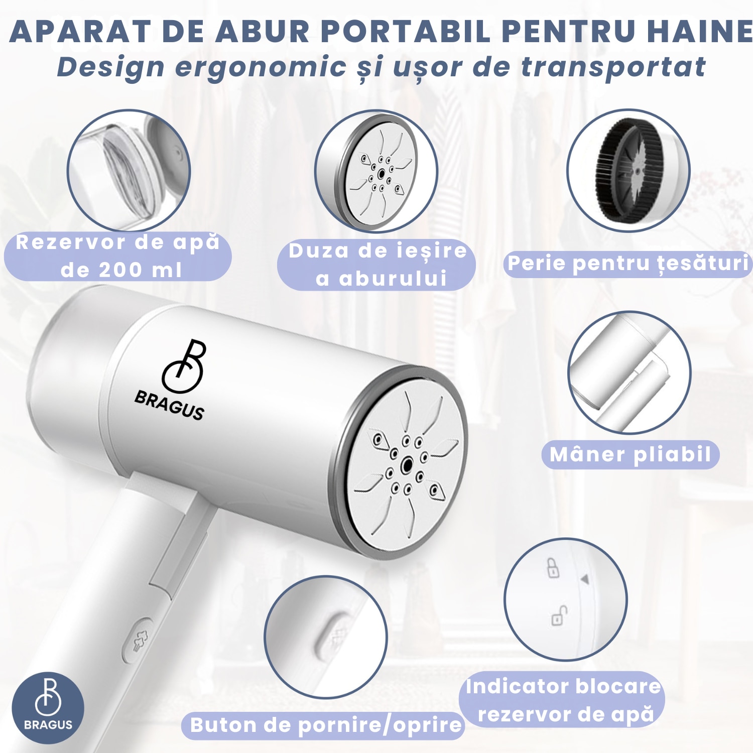 Aparat de Calcat Vertical cu Aburi, BRAGUS, Putere 1200W, Fier de Calcat Portabil, Compact si Pliabil, Calcare Orizontala si Verticala, Rezervor Detasabil 200ml, Suport de Perete Inclus, Incalzire Rapida in 20s, Tehnologie Anti-Scurgere, Abur 60g/min, Alb