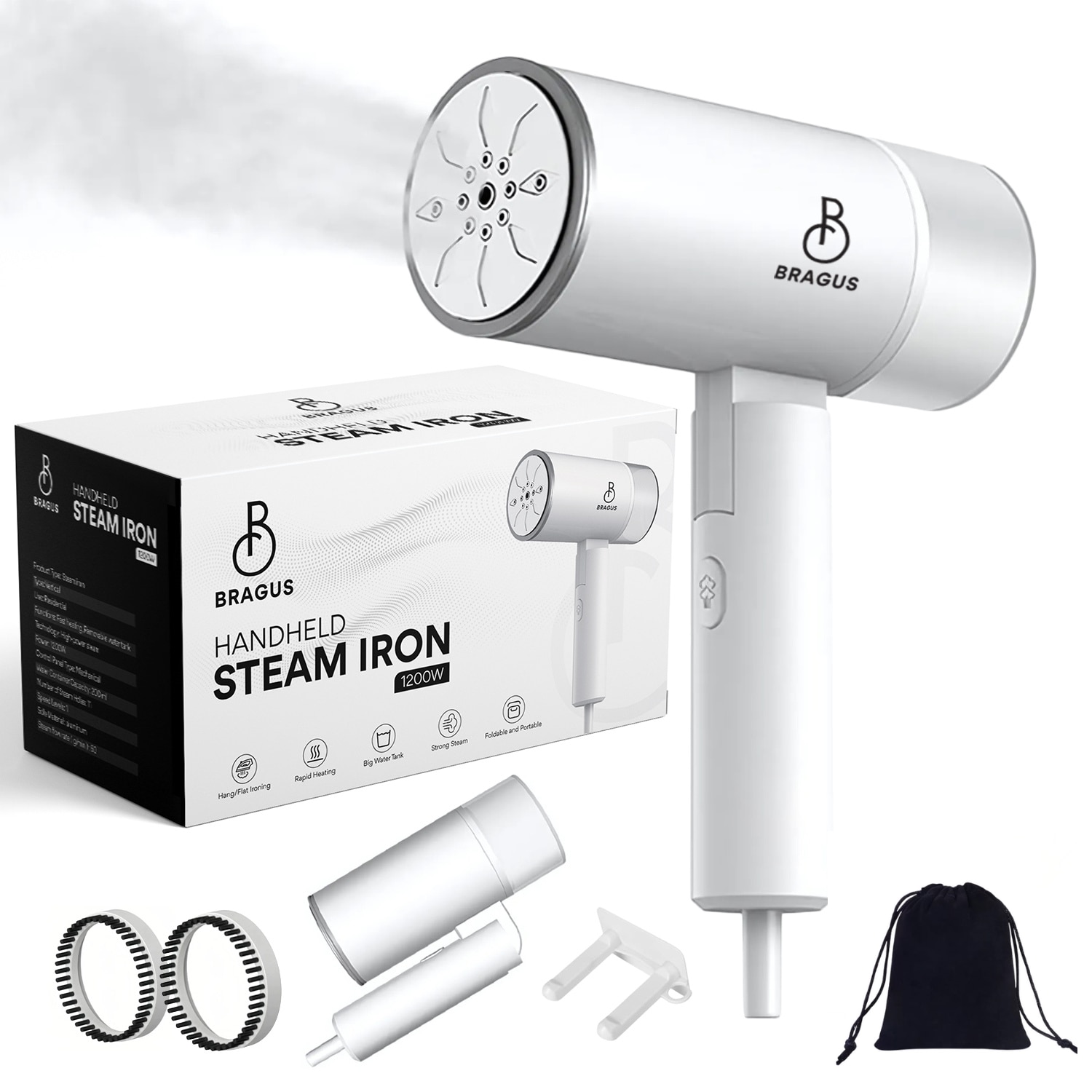 Aparat de Calcat Vertical cu Aburi, BRAGUS, Putere 1200W, Fier de Calcat Portabil, Compact si Pliabil, Calcare Orizontala si Verticala, Rezervor Detasabil 200ml, Suport de Perete Inclus, Incalzire Rapida in 20s, Tehnologie Anti-Scurgere, Abur 60g/min, Alb