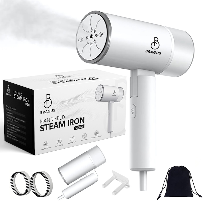 Aparat de Calcat Vertical cu Aburi, BRAGUS, Putere 1200W, Fier de Calcat Portabil, Compact si Pliabil, Calcare Orizontala si Verticala, Rezervor Detasabil 200ml, Suport de Perete Inclus, Incalzire Rapida in 20s, Tehnologie Anti-Scurgere, Abur 60g/min, Alb